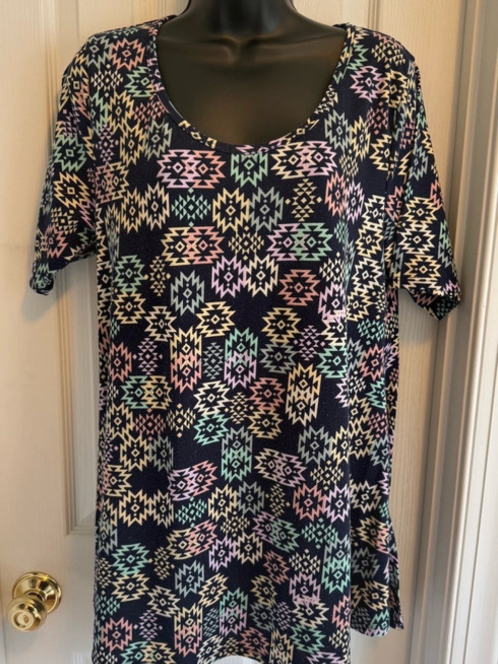 Lularoe Women's Navy with colorful Aztec Print Scoop Neck Top